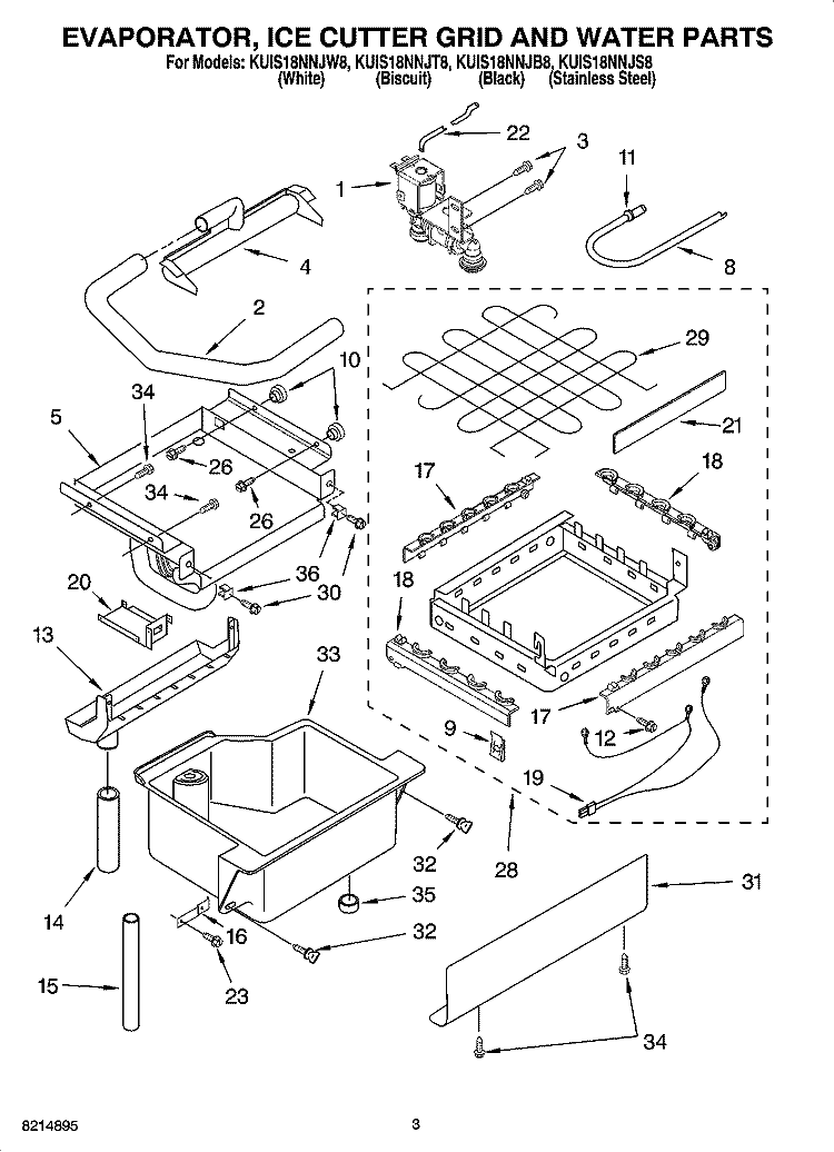 EVAPORATOR, ICE CUTTER GRID AND WATER PARTS Diagram and Parts List for KUIS18NNJB8  KitchenAid Ice Maker