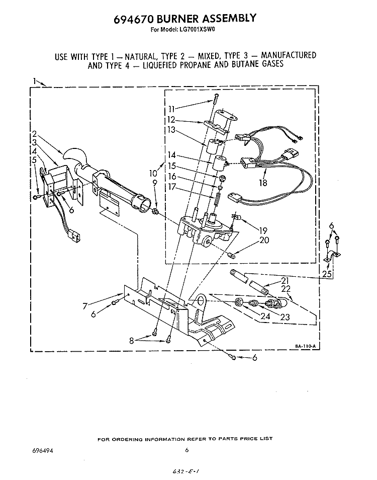694670 BURNER Diagram and Parts List for LG7001XSW0  Whirlpool Dryer