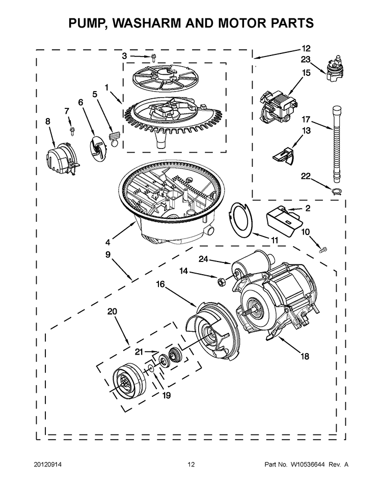 PUMP, WASHARM AND MOTOR PARTS Diagram and Parts List for KUDC10IBBL0  KitchenAid Dishwasher