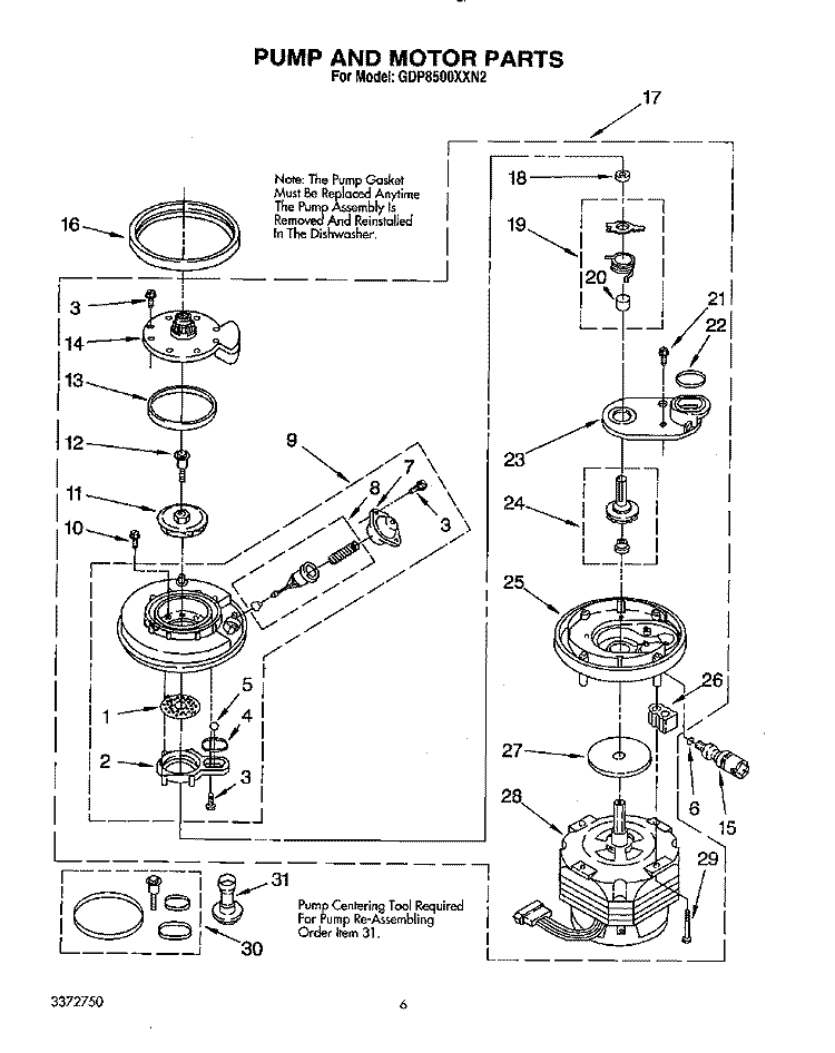 PUMP AND MOTOR Diagram and Parts List for GDP8500XXN2  Whirlpool Dishwasher