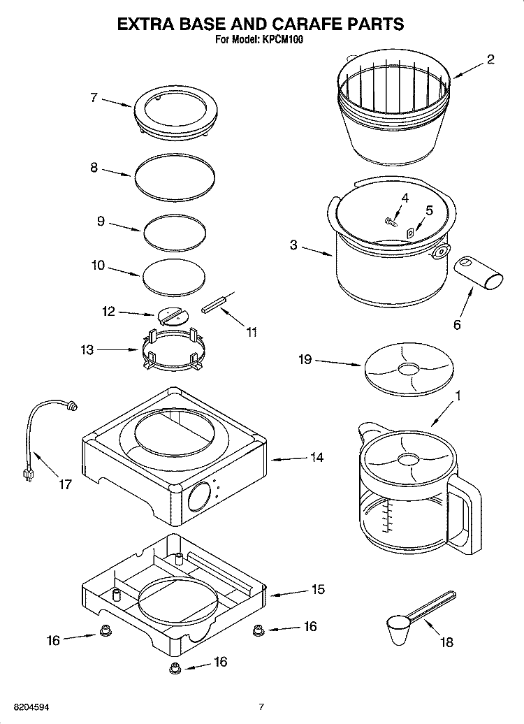 EXTRA BASE AND CARAFE PARTS Diagram and Parts List for KPCM100  KitchenAid Coffee Maker