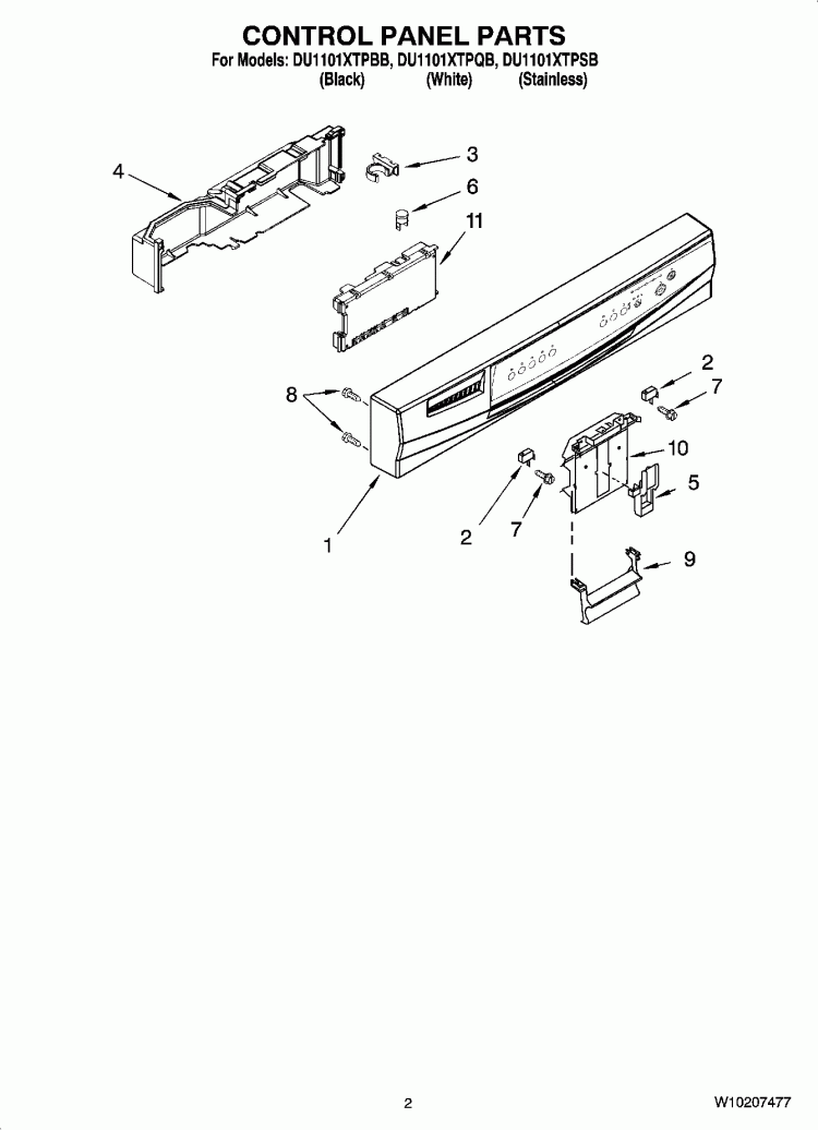 CONTROL PANEL PARTS Diagram and Parts List for DU1101XTPBB  Whirlpool Dishwasher