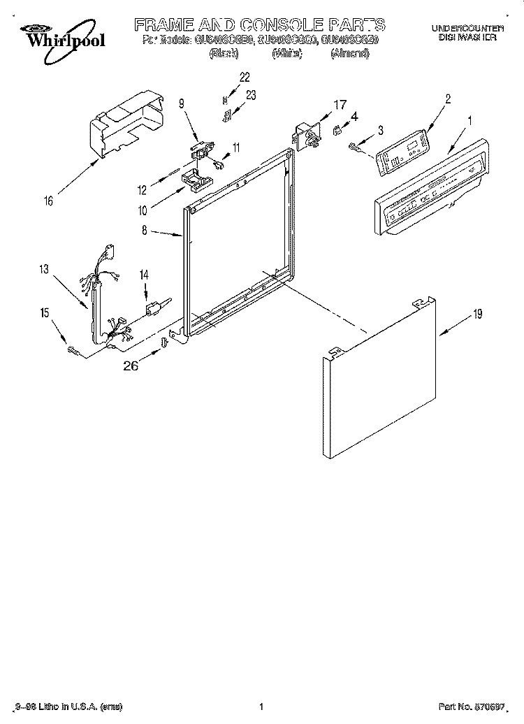 FRAME AND CONSOLE Diagram and Parts List for GU940SCGZ0  Whirlpool Dishwasher