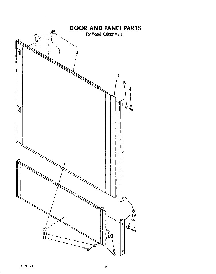 DOOR AND PANEL Diagram and Parts List for KUDS21MS3  KitchenAid Dishwasher