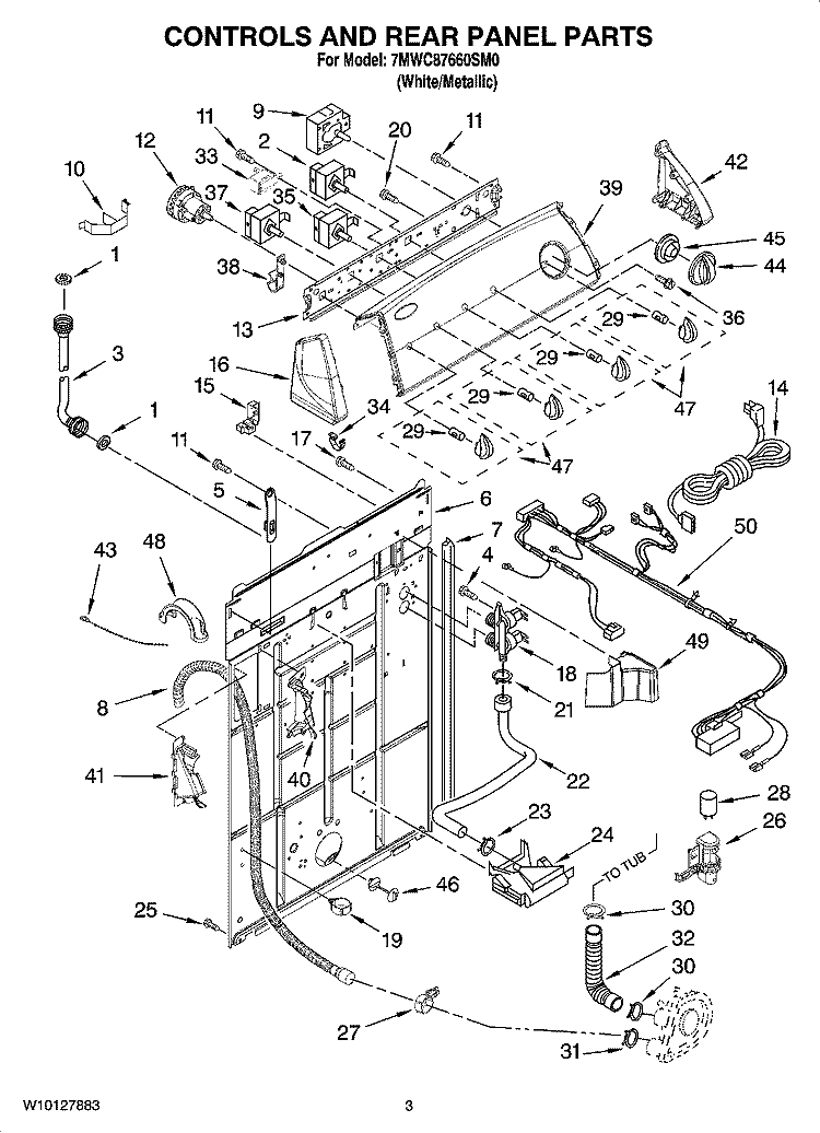 CONTROLS AND REAR PANEL PARTS Diagram and Parts List for 7MWC87660SM0  Whirlpool Washer