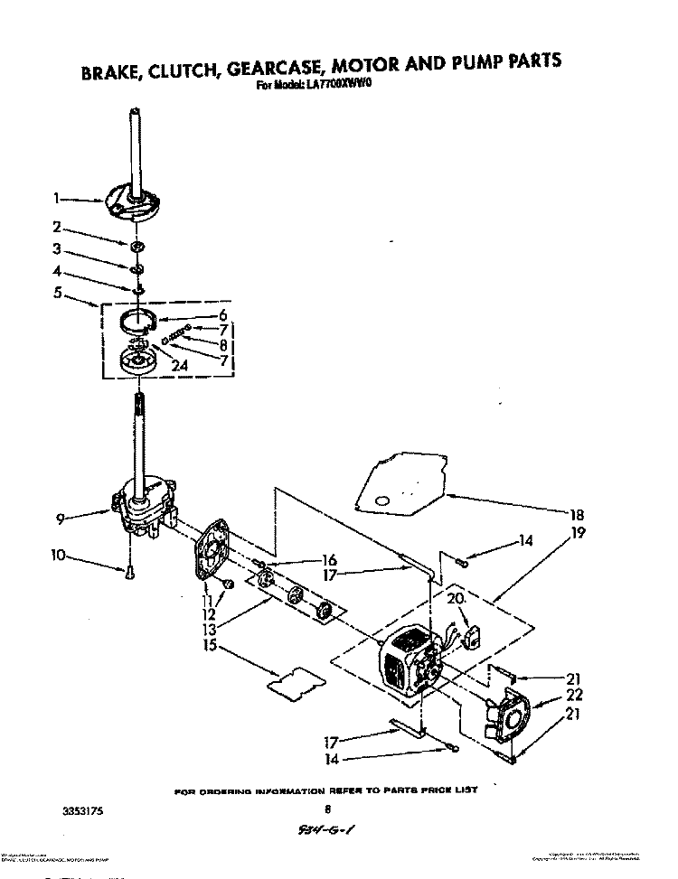 BRAKE, CLUTCH, GEARCASE, MOTOR AND PUMP Diagram and Parts List for LA7700XWN0  Whirlpool Washer