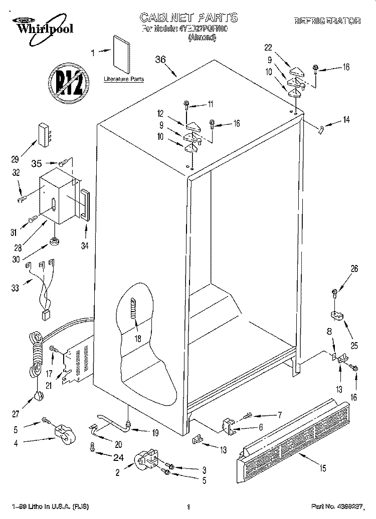 CABINET, LITERATURE Diagram and Parts List for 4YED27PQFN00  Whirlpool Refrigerator