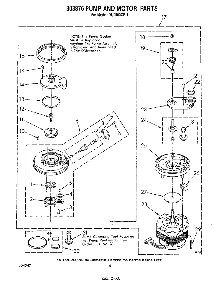 303876 PUMP AND MOTOR Diagram and Parts List for DU9500XR1  Whirlpool Dishwasher