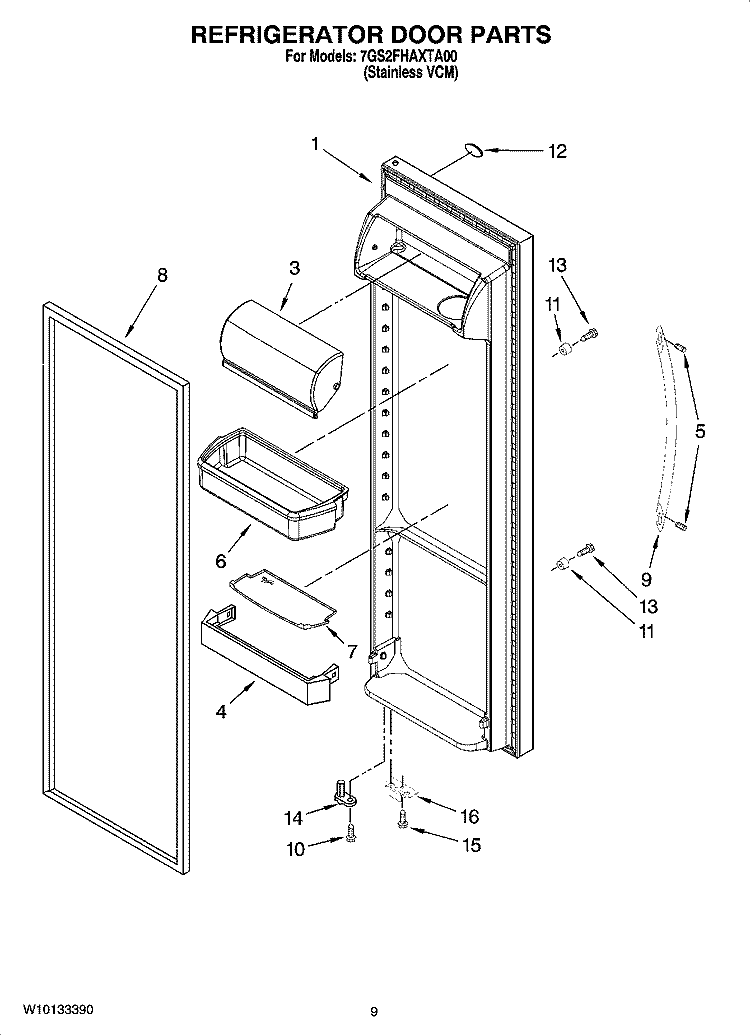 REFRIGERATOR DOOR PARTS Diagram and Parts List for 7GS2FHAXTA00  Whirlpool Refrigerator