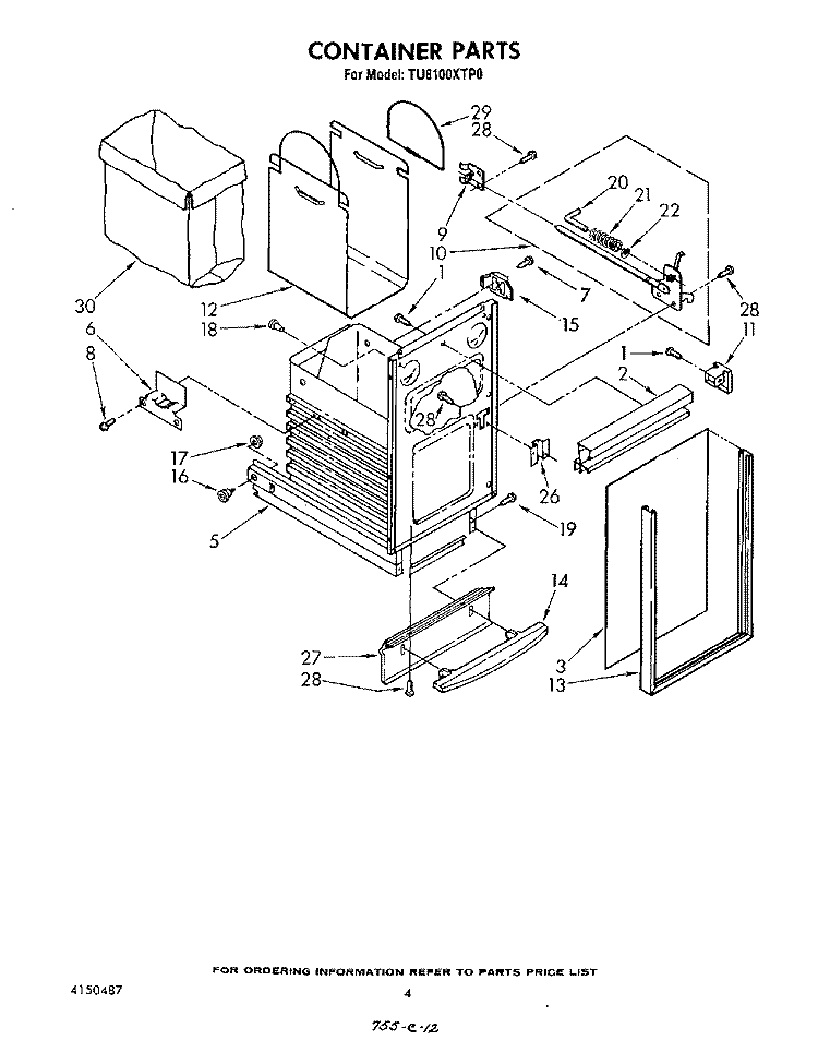 CONTAINER Diagram and Parts List for TU8100XTP0  Whirlpool Trash Compactor