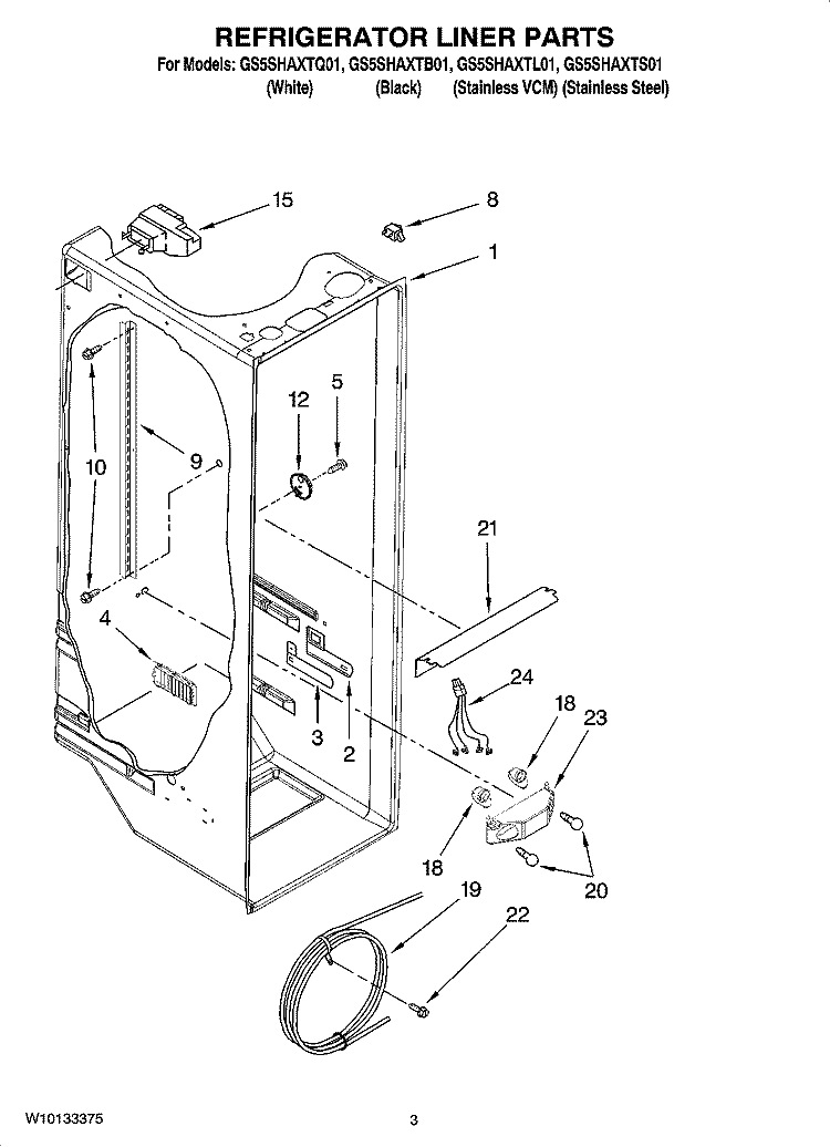 REFRIGERATOR LINER PARTS Diagram and Parts List for GS5SHAXTL01  Whirlpool Refrigerator