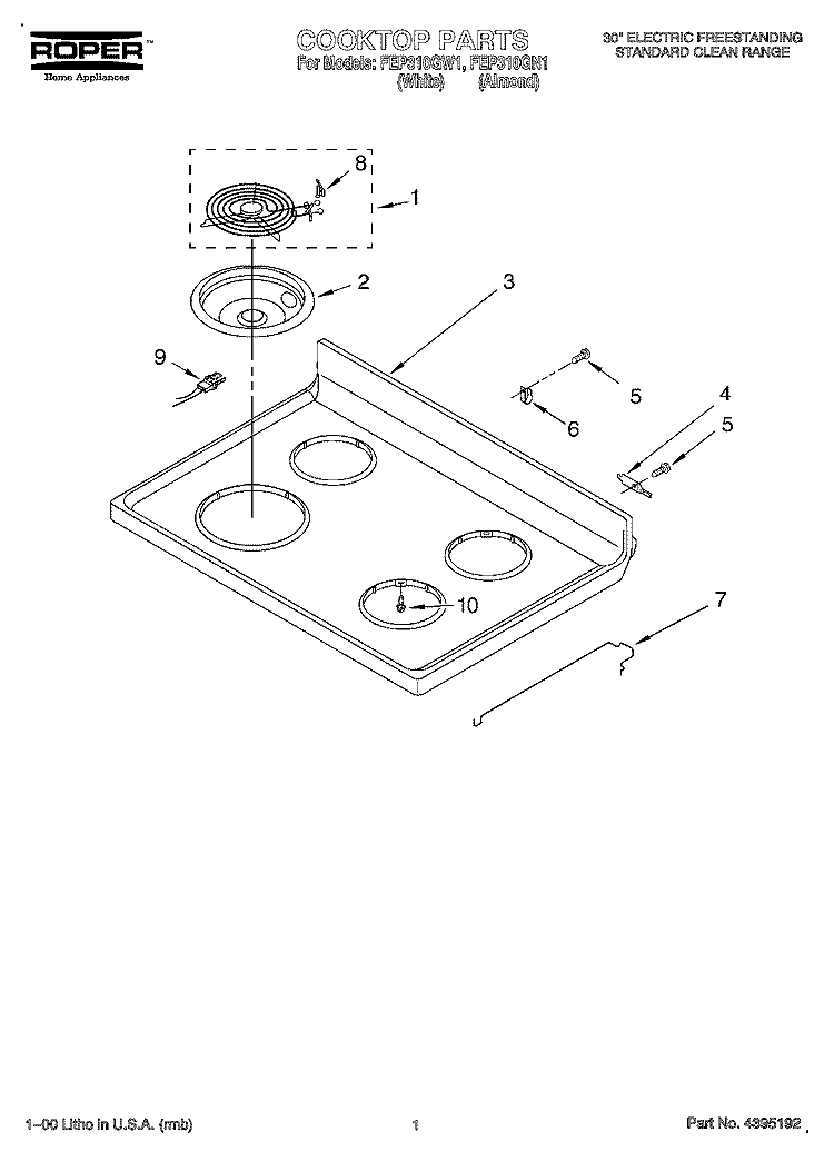 COOKTOP Diagram and Parts List for FEP310GN1  Roper Range