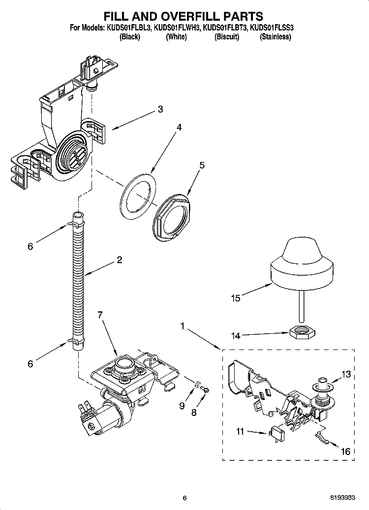 FILL AND OVERFILL PARTS Diagram and Parts List for KUDS01FLSS3  KitchenAid Dishwasher