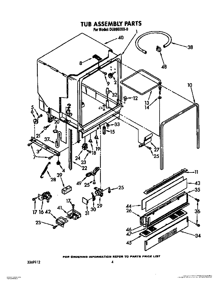 TUB ASSEMBLY Diagram and Parts List for DU8950XX0  Whirlpool Dishwasher