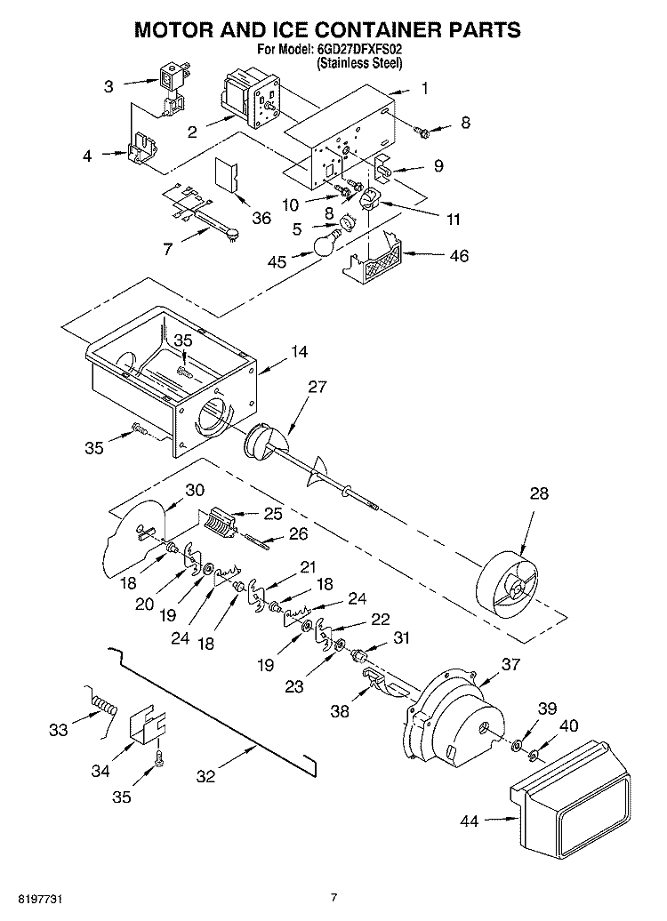 MOTOR AND ICE CONTAINER Diagram and Parts List for 6GD27DFXFS02  Whirlpool Refrigerator