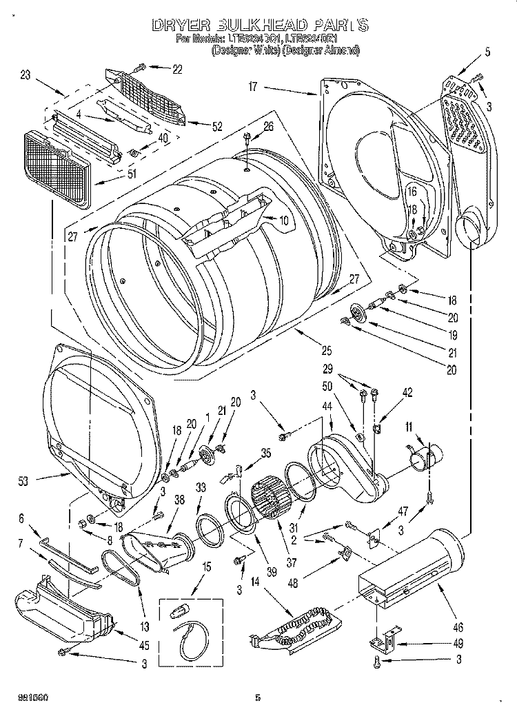 DRYER BULKHEAD Diagram and Parts List for LTE6234DQ1  Whirlpool Washer Dryer Combo