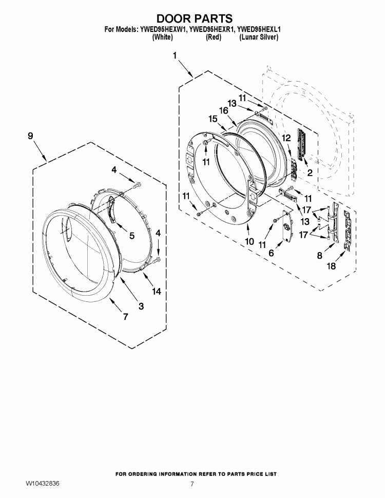 DOOR PARTS Diagram and Parts List for YWED95HEXL1  Whirlpool Dryer
