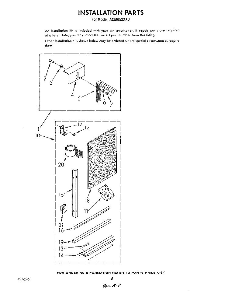 INSTALLATION Diagram and Parts List for ACM052XX0  Whirlpool Air Conditioner