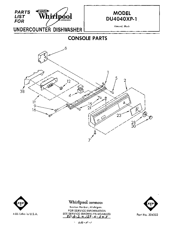 CONSOLE Diagram and Parts List for DU4040XP1  Whirlpool Dishwasher