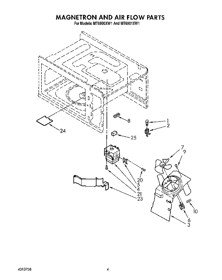MAGNETRON AND AIR FLOW Diagram and Parts List for MT6900XW1  Whirlpool Microwave