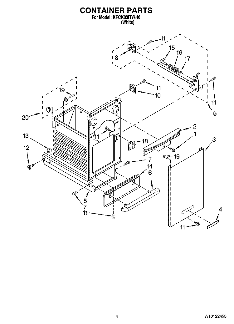 CONTAINER PARTS Diagram and Parts List for KFCK03ITWH0  KitchenAid Trash Compactor