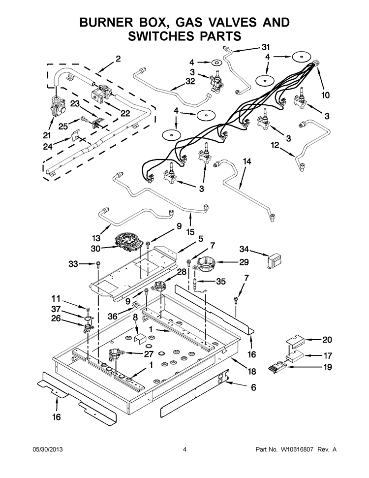 BURNER BOX, GAS VALVES AND SWITCHES PARTS Diagram and Parts List for KFGU706VSS03  KitchenAid Cooktop