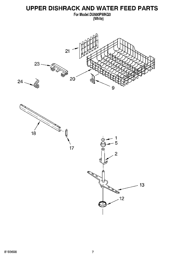 UPPER DISHRACK AND WATER FEED Diagram and Parts List for DU600PWKQ0  Whirlpool Dishwasher