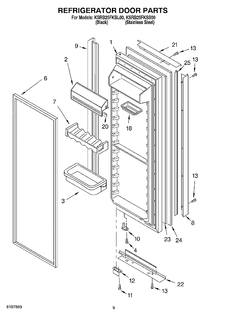 REFRIGERATOR DOOR Diagram and Parts List for KSRB25FKSS00  KitchenAid Refrigerator