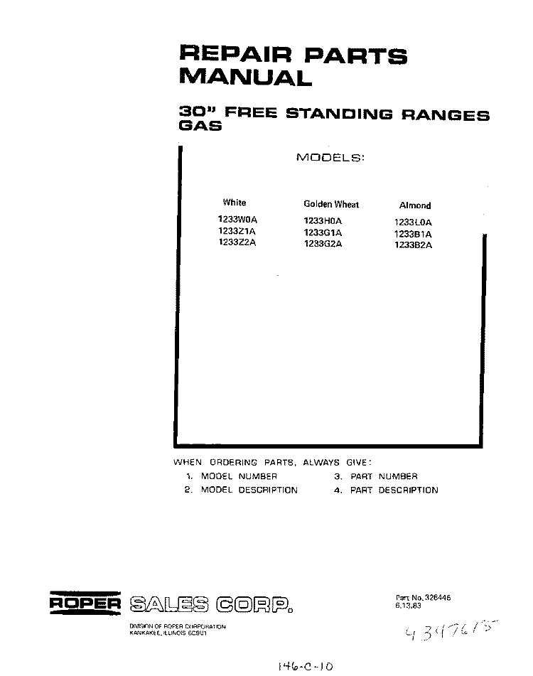 BACKGUARD Diagram and Parts List for 1233^1A  Whirlpool Range