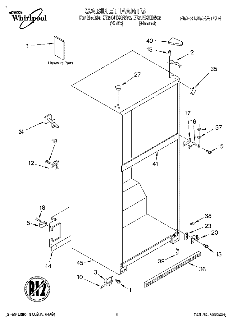 CABINET, LITERATURE Diagram and Parts List for ET21NKXGN02  Whirlpool Refrigerator