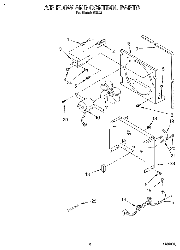 AIR FLOW AND CONTROL Diagram and Parts List for D25A2  Whirlpool Dehumidifier