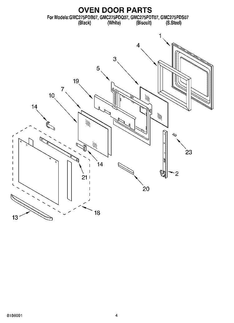 OVEN DOOR PARTS Diagram and Parts List for GMC275PDB07  Whirlpool Microwave Oven Combo