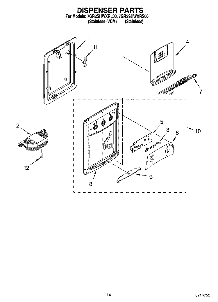 DISPENSER PARTS, OPTIONAL PARTS Diagram and Parts List for 7GR2SHWXRL00  Whirlpool Refrigerator