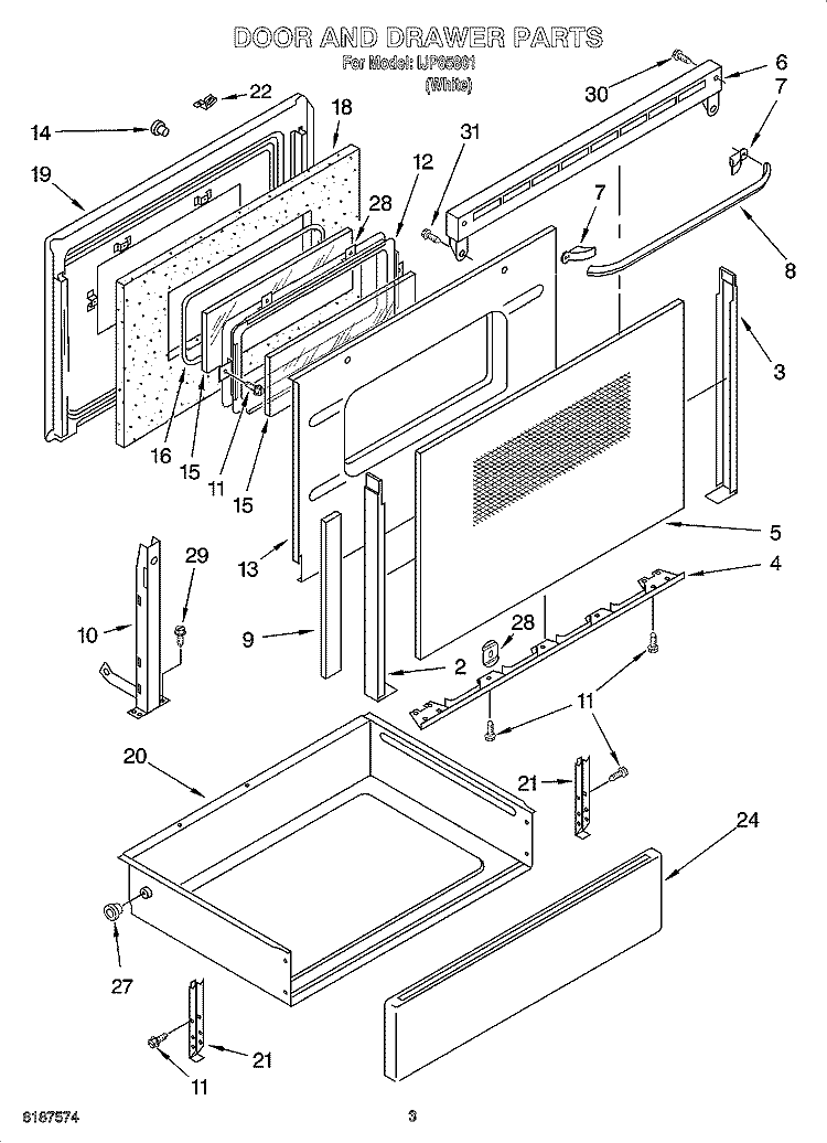 DOOR AND DRAWER PARTS Diagram and Parts List for IJP85801  Inglis Range