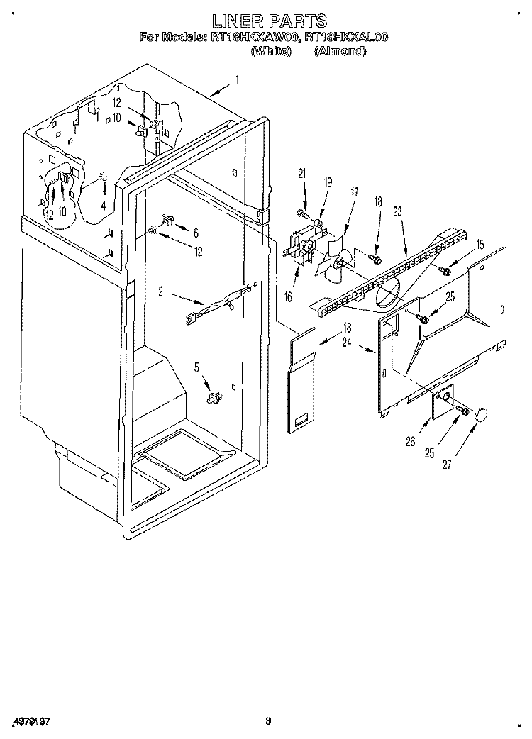 LINER Diagram and Parts List for RT18HKXAW00  Roper Refrigerator
