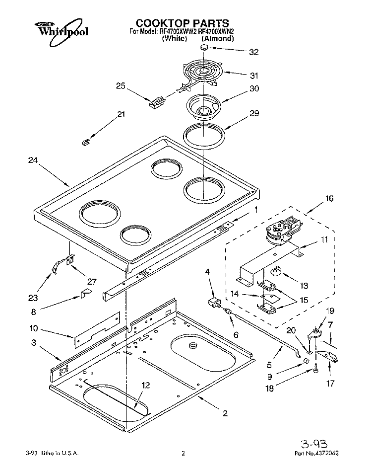 COOKTOP Diagram and Parts List for RF4700XWN2  Whirlpool Range