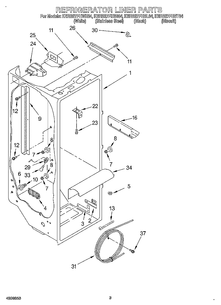REFRIGERATOR LINER Diagram and Parts List for KSRB27FHBL04  KitchenAid Refrigerator