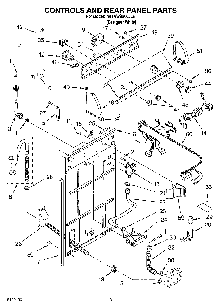 CONTROLS AND REAR PANEL PARTS Diagram and Parts List for 7MTAWS800JQ5  Estate Washer