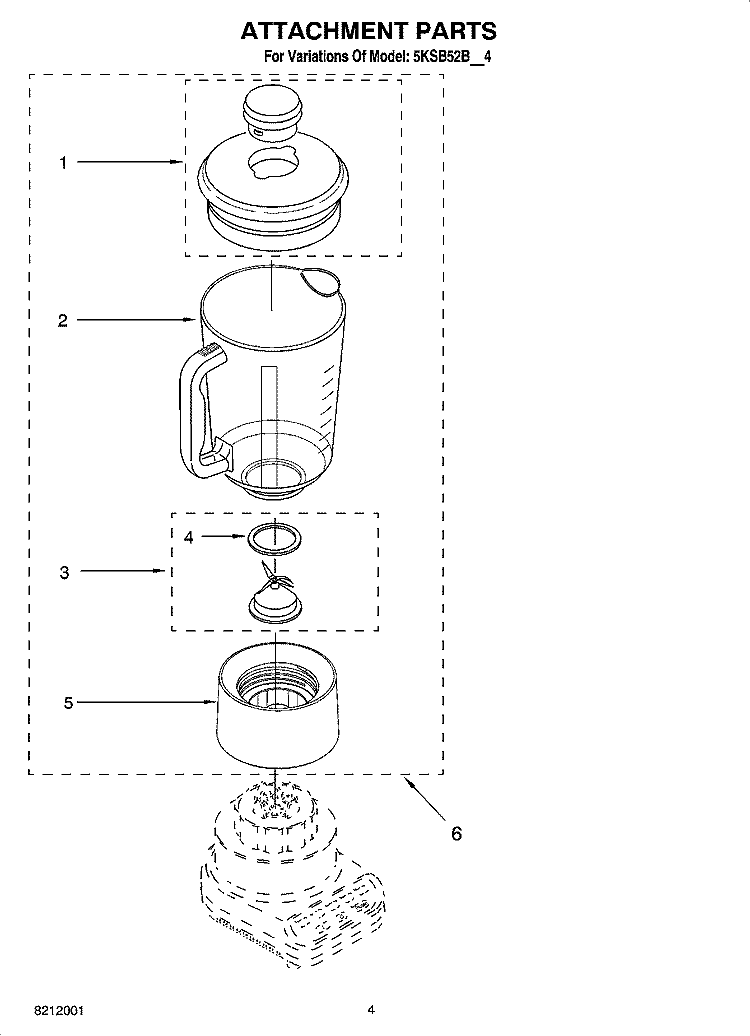 ATTACHMENT PARTS Diagram and Parts List for 5KSB52BBU4  KitchenAid Blender
