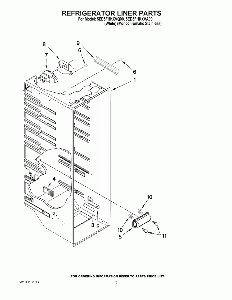 REFRIGERATOR LINER PARTS Diagram and Parts List for 5ED5FHKXVQ00  Whirlpool Refrigerator