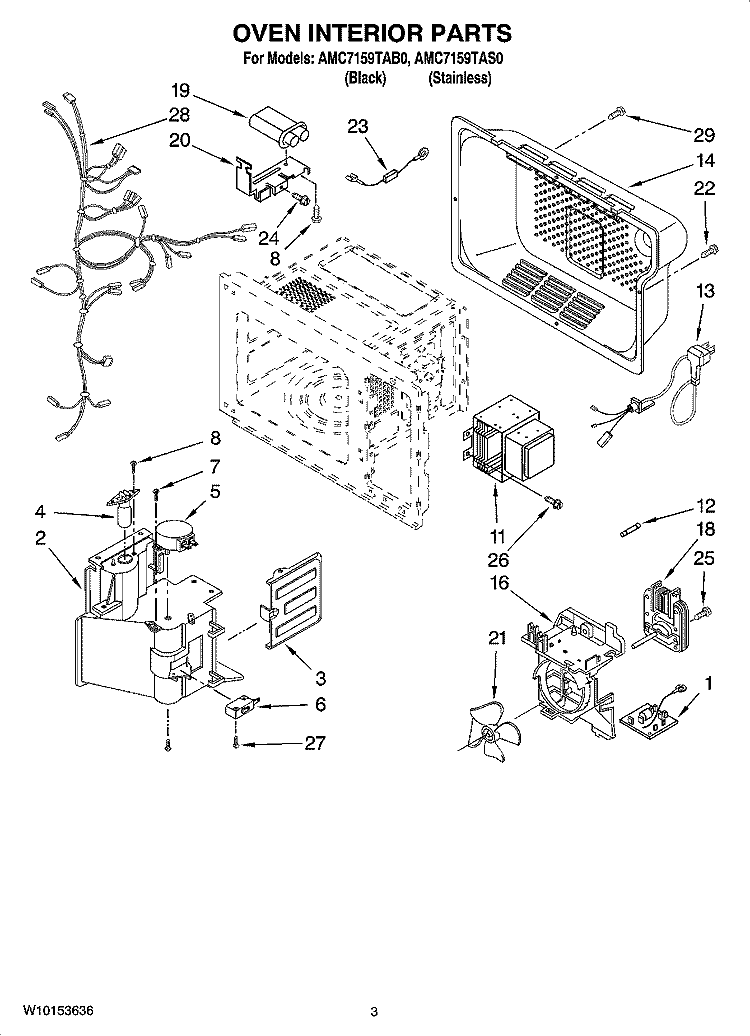 OVEN INTERIOR PARTS Diagram and Parts List for AMC7159TAS0  Whirlpool Microwave