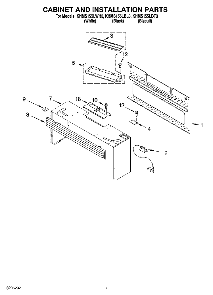 CABINET AND INSTALLATION PARTS Diagram and Parts List for KHMS155LWH3  KitchenAid Microwave