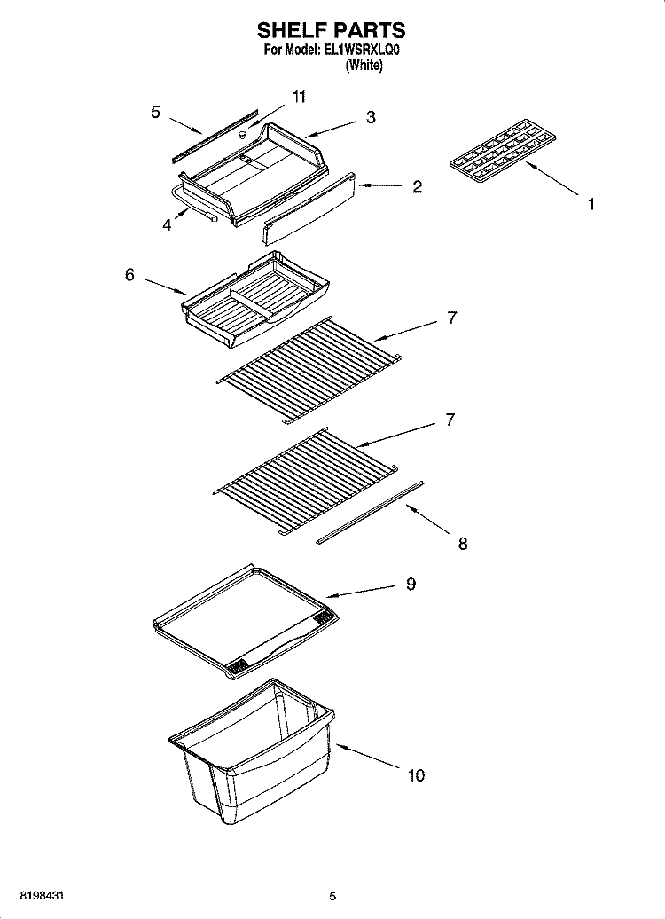 SHELF PARTS Diagram and Parts List for EL1WSRXLQ0  Whirlpool Refrigerator