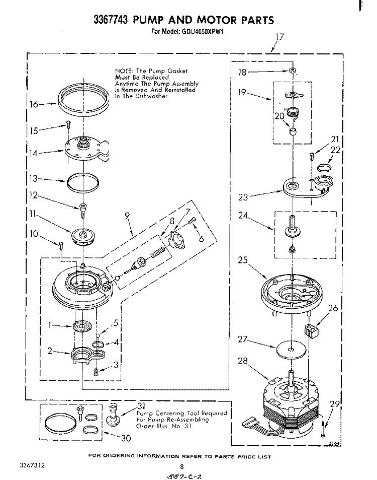 3367743 PUMP AND MOTOR Diagram and Parts List for GDU4050XPW1  Whirlpool Dishwasher