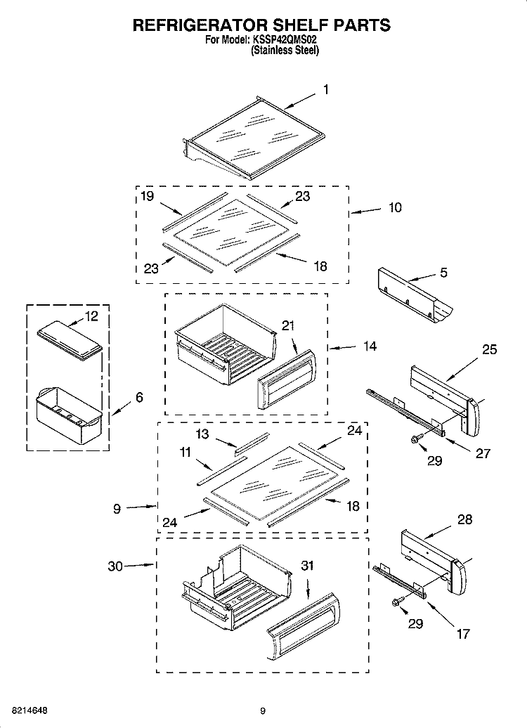 REFRIGERATOR SHELF PARTS Diagram and Parts List for KSSP42QMS02  KitchenAid Refrigerator