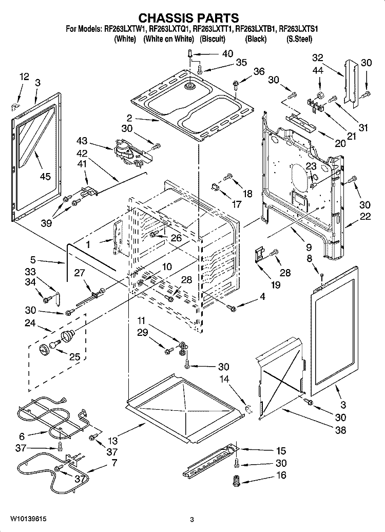 CHASSIS PARTS Diagram and Parts List for RF263LXTW1  Whirlpool Range
