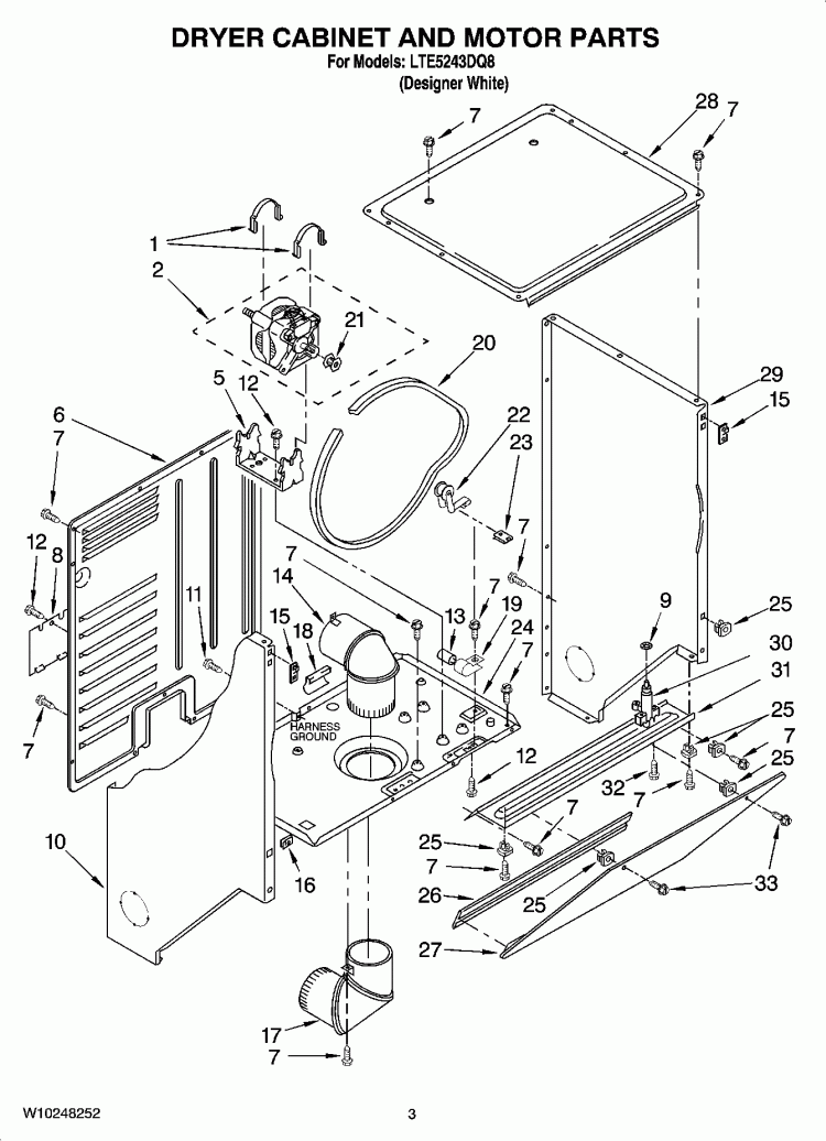 DRYER CABINET AND MOTOR PARTS Diagram and Parts List for LTE5243DQ8  Whirlpool Washer Dryer Combo
