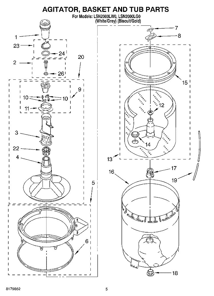 AGITATOR, BASKET AND TUB Diagram and Parts List for LSN2000LG0  Whirlpool Washer