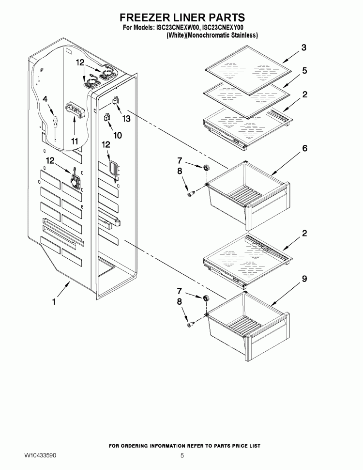 FREEZER LINER PARTS Diagram and Parts List for ISC23CNEXW00  Whirlpool Refrigerator