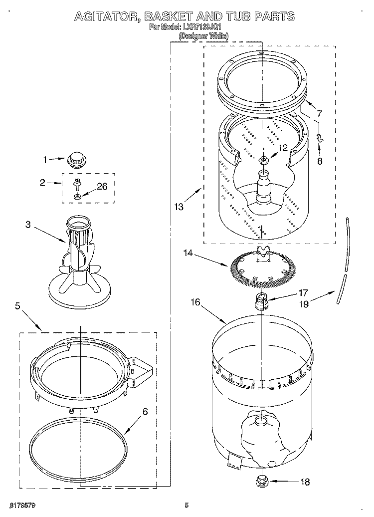 AGITATOR, BASKET AND TUB Diagram and Parts List for LXR7133JQ1  Whirlpool Washer